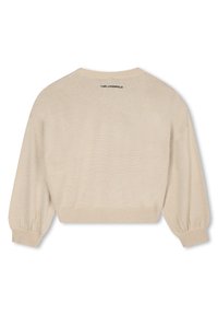 Bež pulover iz pletenine s skrajšanim krojem, dolgimi rokavi in manšetami v stilu balona. Ima subtilno teksturo in označene detajle na zadnji strani.