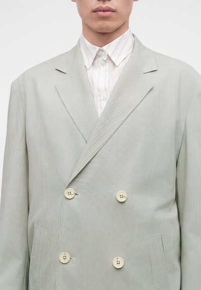 Homme portant un blazer croisé gris clair sur une chemise blanche boutonnée avec de fines rayures verticales.