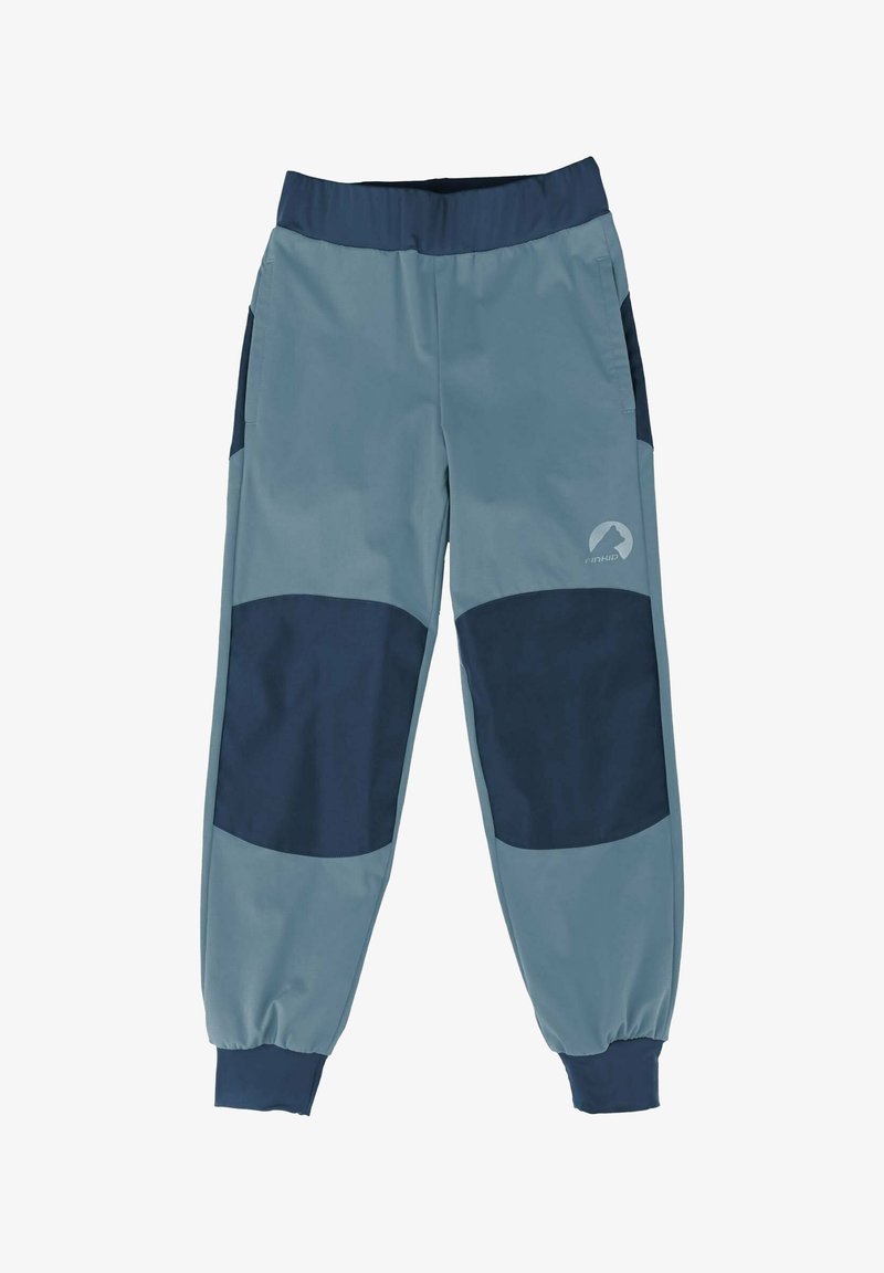 Pantalon softshell bicolore bleu avec poignets élastiques, coudières, poches latérales et logo d'une marque de plein air sur la cuisse.
