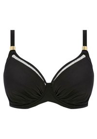 Soutien-gorge noir avec armatures, bonnets semi-moulés et design courbé. Comprend des accents en métal doré et un détail rayé sur le bord.