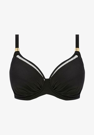 Sort bh med kategori- og bøjle, semi-formede kopper og en buet design. Har gyldne detaljer og stribede dekorationer langs kanten.