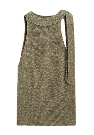 Bezruký pletený olivově zelený top s kulatým výstřihem a dlouhým úzkým ramínkem visícím z jednoho ramene.