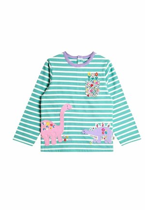 Langärmliges T-Shirt in Minzgrün mit weißen Streifen, versehen mit pinken und lilanen Dinosaurier-Applikationen und einem floralen Taschen-Detail.