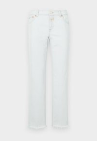 Heledad teksad, sirge säärega, frayed äärisega, vaskse riistvara ja viie-tasku disainiga.