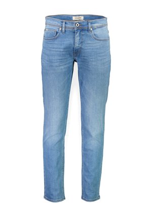 Light blue denim jeans feature a slim fit, five-pocket design, subtle fade, and a standard waistband with a button closure.