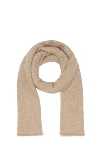 Écharpe en laine douce de couleur beige, côtelée, avec des bords effilochés et une forme rectangulaire longue, conçue pour la chaleur et le confort.