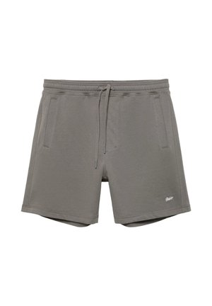 Grau lässige Shorts mit elastischem Bund, vorderem Kordelzug, zwei Seitentaschen und kleinem weißem Logo nahe dem Saum am linken Bein.