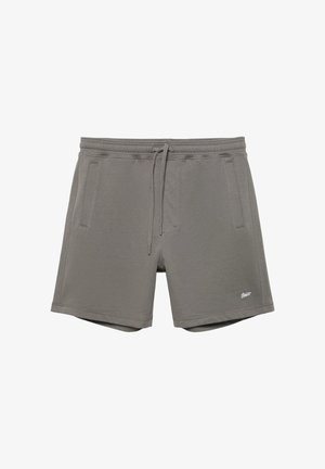Grå afslappede shorts med elastisk talje, snøre foran, to sidelommer og lille hvidt logo nær kanten på venstre ben.
