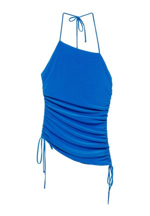 Haut bleu sans manches à col halter avec côtés froncés et liens ajustables au niveau du cou et de l'ourlet inférieur des deux côtés.