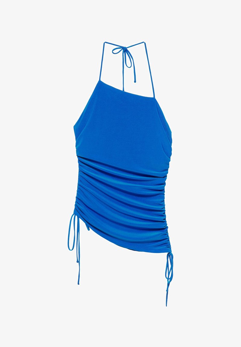 Haut bleu sans manches à col halter avec côtés froncés et liens ajustables au niveau du cou et de l'ourlet inférieur des deux côtés.