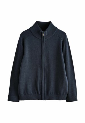 Navy blue knit zip-up sweater with high ribbed collar, long sleeves, and ribbed cuffs and hem.