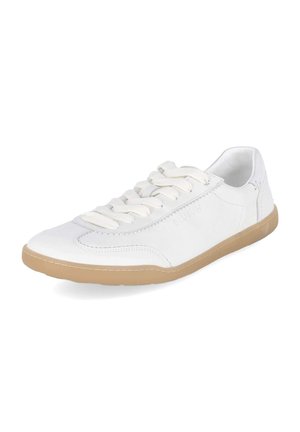 Biały niskoprofilowy sneaker z beżową podeszwą, wiązanym zamknięciem i gładką skórzaną cholewką, pokazany z przodu i z boku na białym tle.
