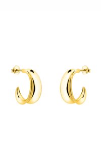 Orecchini a cerchio in metallo color oro con un design curvo e liscio, caratterizzati da una finitura lucida. Ogni orecchino presenta un perno sul retro per un indossamento sicuro.