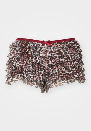 Shorts cu imprimeu leopard floral, cu volănașe suprapuse, având un brâu din dantelă roșie și un accent subțire sub formă de fundiță în față.