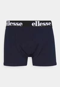 Navyblaue Baumwoll-Boxershorts mit einem schwarzen Bund und weißem "ellesse"-Logo. Glatte Textur und eng anliegendes Design.