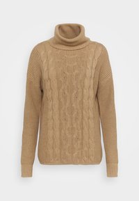 Beige coltrui met een kabelgebreid patroon, geribbelde kraag en textuurmouwen. Regular fit met een gezellige uitstraling.