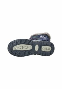Suola di stivale in gomma nera con scanalature profonde, accenti grigi e un bordo imbottito. Presenta un design decorato per trazione e supporto.