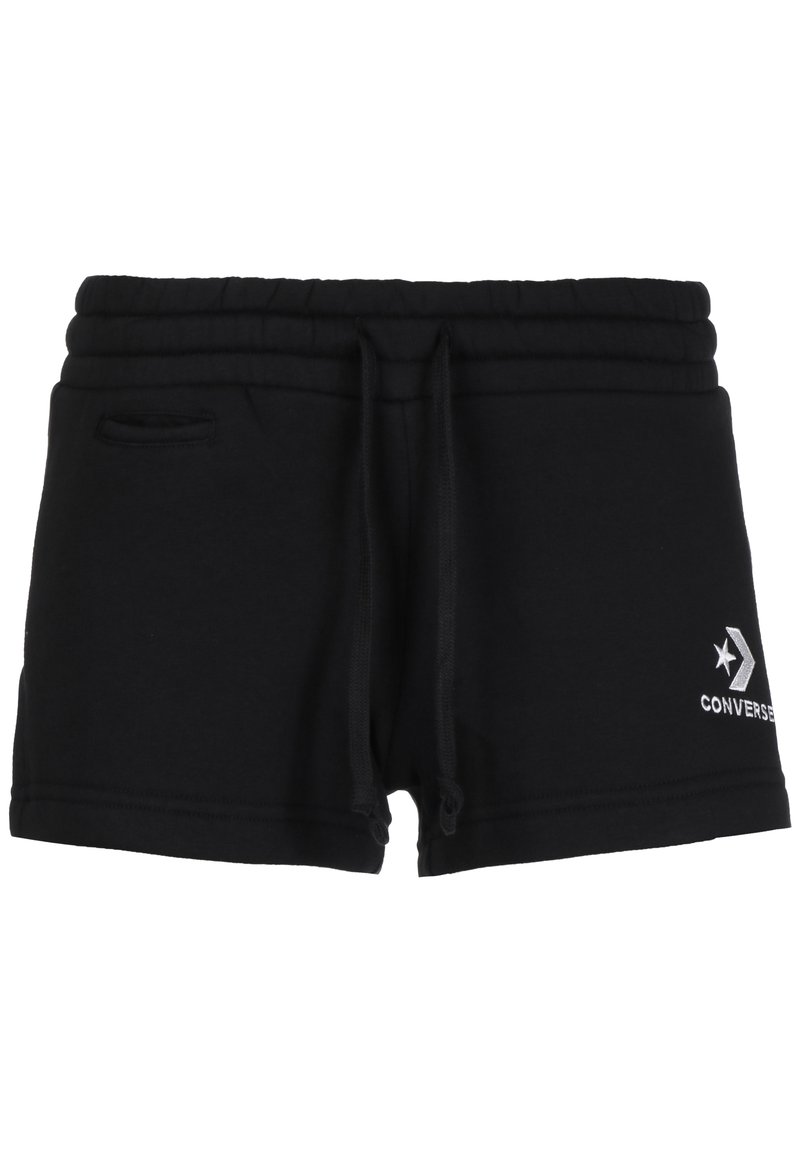 Shorts en coton noir avec taille élastique à cordon, dotés d'une poche avant et d'un logo Converse blanc sur la jambe inférieure droite.