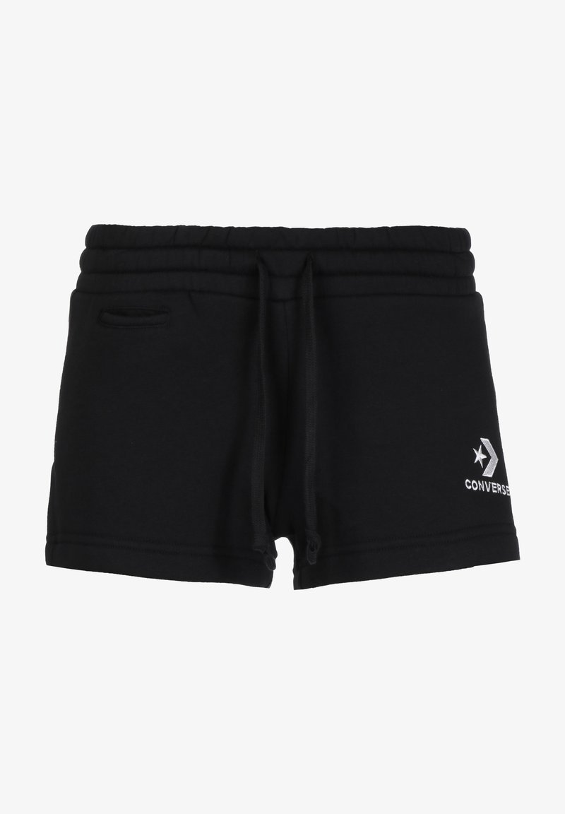 Shorts en coton noir avec taille élastique à cordon, dotés d'une poche avant et d'un logo Converse blanc sur la jambe inférieure droite.