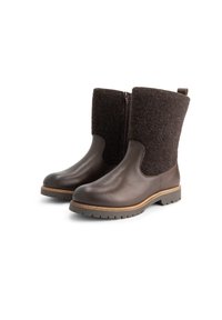 Bruine leren enkellaarsjes met een bovenwerk van vilt, een rits aan de zijkant en een gestructureerde rubberen zool met een verhoogd loopvlakpatroon.