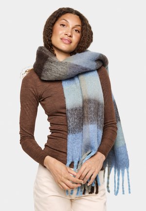 Wool scarf in blue and gray tones with a checkered pattern, featuring fringed ends and a soft, textured finish.