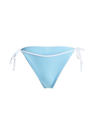 Hellblauer Bikini-Unterteil mit strukturiertem Mesh-Design, weißen Abschlüssen und verstellbaren Krawatten an den Seiten. Verfügt über eine dreieckige Form für mehr Bedeckung.