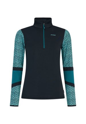 Schwarzes Langarm-Zip-Up-Oberteil mit strukturierten türkisfarbenen gemusterten Ärmeln und einem kontrastierenden Design in Schwarz und Türkis an den Armen.