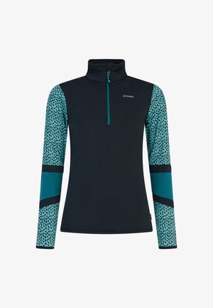 Schwarzes Langarm-Zip-Up-Oberteil mit strukturierten türkisfarbenen gemusterten Ärmeln und einem kontrastierenden Design in Schwarz und Türkis an den Armen.