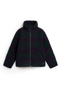 Fleecejacke mit hohem Kragen und Frontreißverschluss. Dunkelgrünes und lila kariertes Muster, mit Seitentaschen und strukturiertem Material.