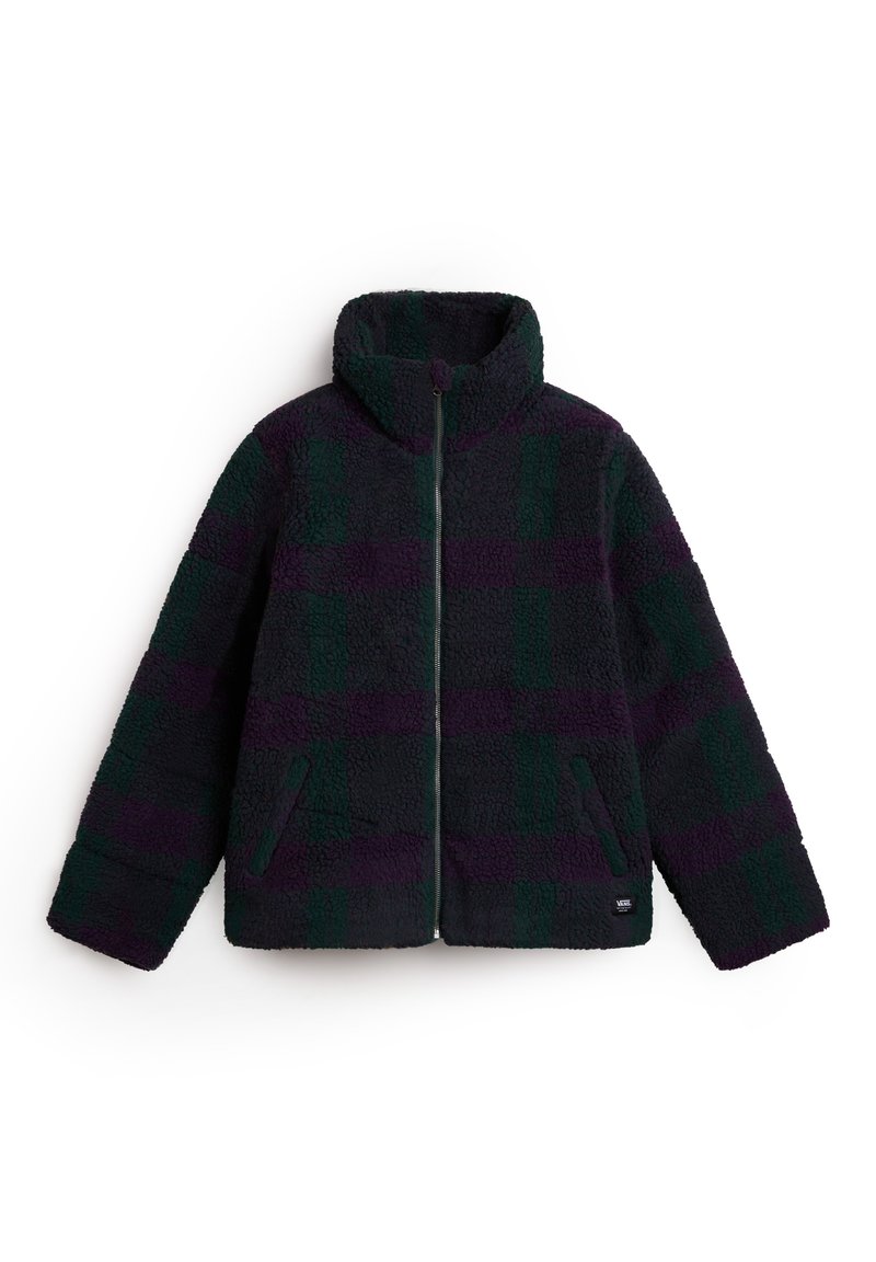 Fleecejacke mit hohem Kragen und Frontreißverschluss. Dunkelgrünes und lila kariertes Muster, mit Seitentaschen und strukturiertem Material.