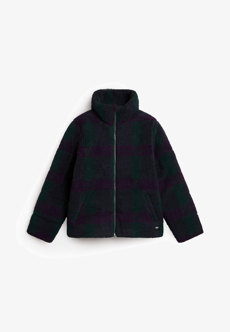 Fleece jack met hoge kraag en ritssluiting. Donkergroen met paarse ruitpatroon, met zijzakken en een gestructureerd materiaal.