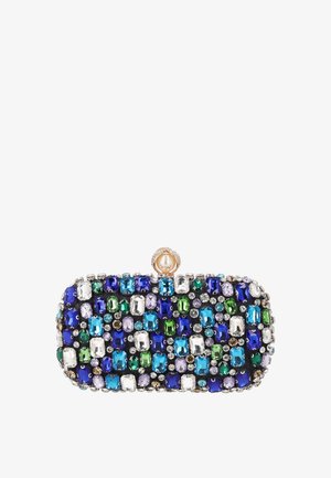 Kleine rechteckige Clutchtasche, dekoriert mit mehrfarbigen blauen, grünen, weißen und violetten Edelsteinen und einem runden Perlenverschluss.