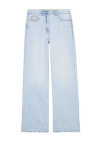 Jasnoniebieskie, szerokie dżinsy wykonane z materiału denim. Posiadają wysoki stan, pięć kieszeni oraz klasyczne zapięcie na guzik z szlufkami na pasek.