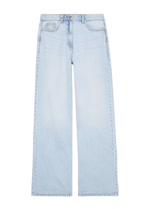 Helle blaue, weit geschnittene Jeans aus Denim-Stoff. Merkmale sind eine hohe Taille, ein Fünf-Taschen-Design und ein klassischer Knopfverschluss mit Gürtelschlaufen.