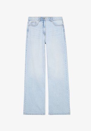 Jeans en denim bleu clair, à jambes larges. Dotés d'une taille haute, d'un design à cinq poches et d'une fermeture à bouton classique avec passants de ceinture.