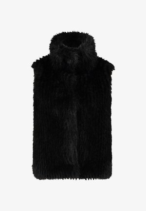 Zwarte nepbont gilet met een hoge kraag, kenmerkend door een zachte, gestructureerde oppervlakte en zonder zichtbare sluitingen. Korte, rechte snit met open zijkanten.