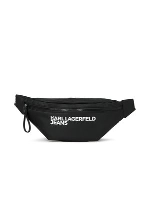 Schwarze Bauchtasche mit Reißverschluss und weißem "KARL LAGERFELD JEANS" Logo auf der Vorderseite sowie verstellbaren Trägern auf beiden Seiten.