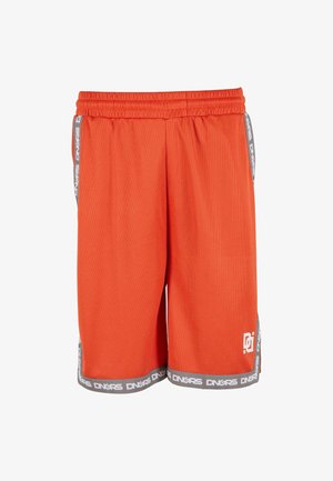 Narancssárga sportnadrág elasztikus derékkal, szürke díszítéssel, "DNGRS" felirattal, és fehér logóval a bal alsó lábszáron.