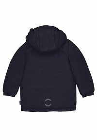 Tmavomodrá zateplená bunda s kapucňou, elastickými manžetami, hladkým povrchom a výrazným logom na zadnej strane. Navrhnutá na izoláciu.