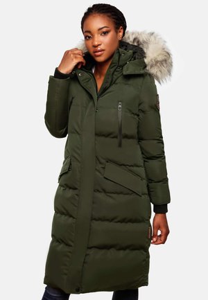 Green puffer coat with a faux fur hood, zippered chest and side pockets, ribbed cuffs, and a long design. Textured, insulated material.