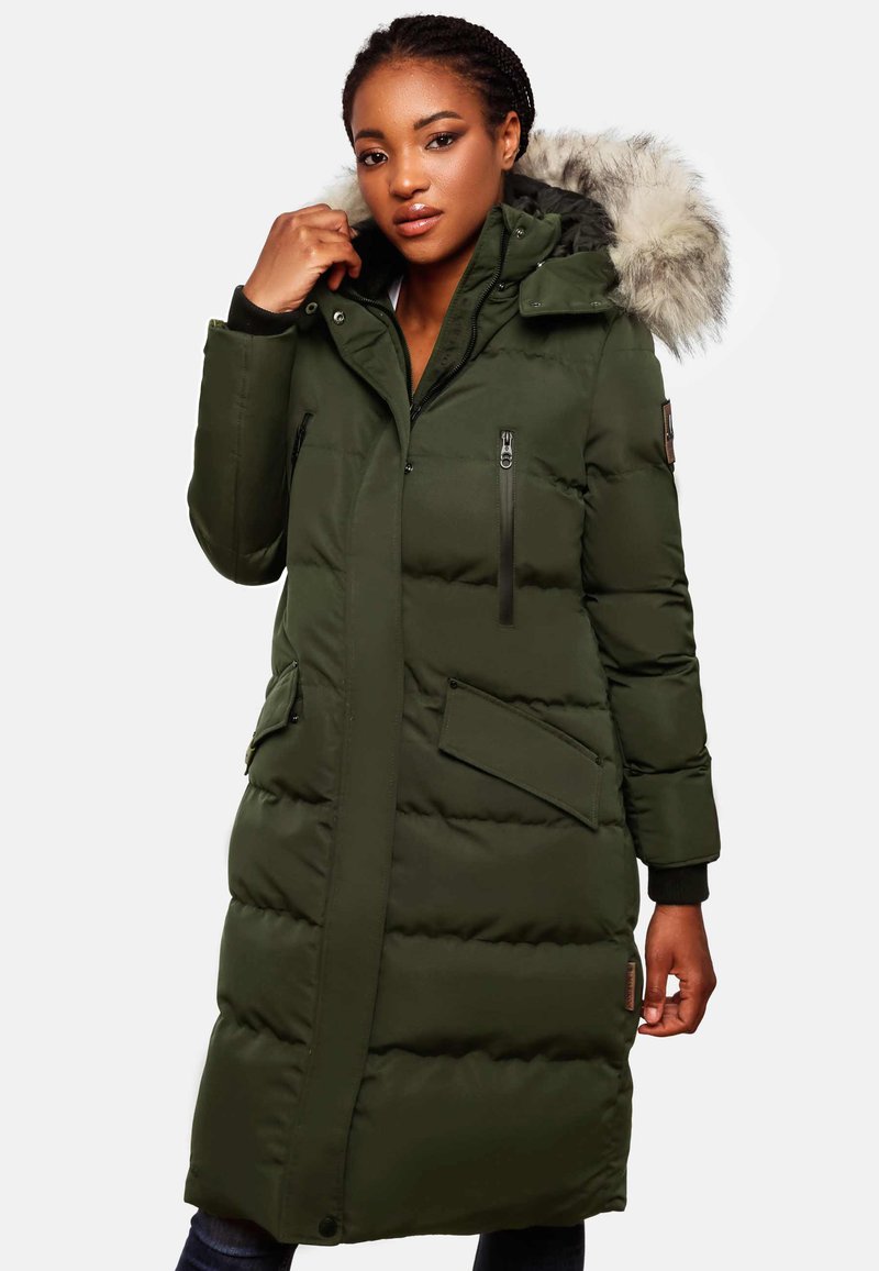 Green puffer coat with a faux fur hood, zippered chest and side pockets, ribbed cuffs, and a long design. Textured, insulated material.
