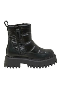 Černé zateplené kotníkové boty s texturovaným svrškem, bočním zipem a robustní gumovou podrážkou s drážkami. Měkké vnitřní vycpání pro zvýšení tepla.