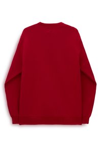 Effen rode sweatshirts met lange mouwen, ribbels aan de manchetten en onderkant, getoond vanaf de achterkant op een witte achtergrond.