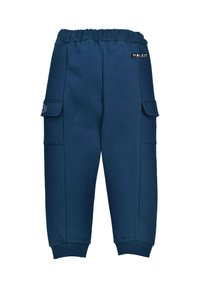 Navy blue sweatpants made of a smooth, stretchy fabric. Features elastic waistband, side pockets, and ribbed cuffs at the ankles.