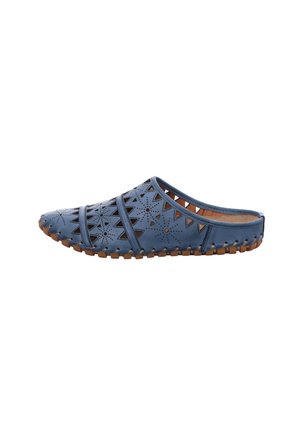 Blue molded clogs with perforated design, triangular patterns, and three horizontal straps; brown textured outsole for grip.