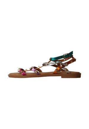 Flat sandal with multicolored metallic straps in pink, purple, silver, orange, and green, featuring a small buckle and a tan sole.