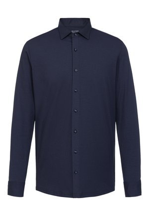 Marineblaue Langarmbluse, mit Knopfverschluss, aus glattem Stoff gefertigt, verfügt über einen klassischen Kragen und sechs passende Knöpfe an der Vorderseite.