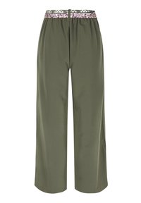 Lahked oliivirohelised püksid laiade säärtega ja dekoratiivse lilla lillelise vööäärisega.