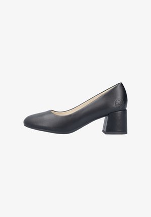 Black leather mid-heel pump with rounded toe and embossed logo on the heel counter, featuring a chunky block heel.