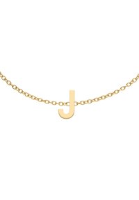 Collar de cadena de oro que presenta una prominente letra "J" pulida, con un diseño de eslabones delicados y una textura suave.